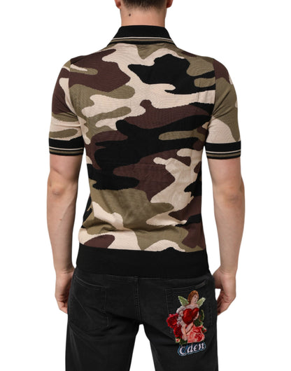 Dolce & Gabbana Camouflage Brown Silk MilitaryPolo T-shirt