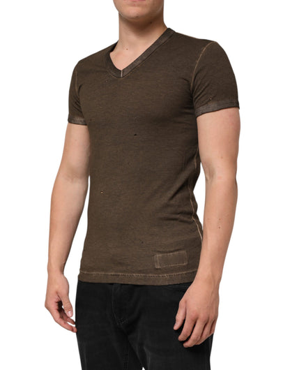 Dolce & Gabbana Dark Brown Cotton Tattered Logo Men T-shirt