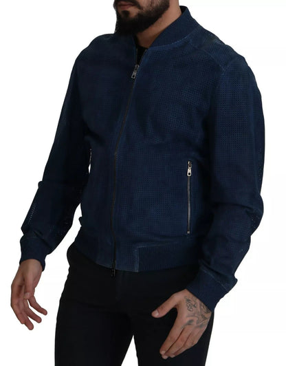 Dolce & Gabbana Blue Leather Perforated Full Zip Jacket