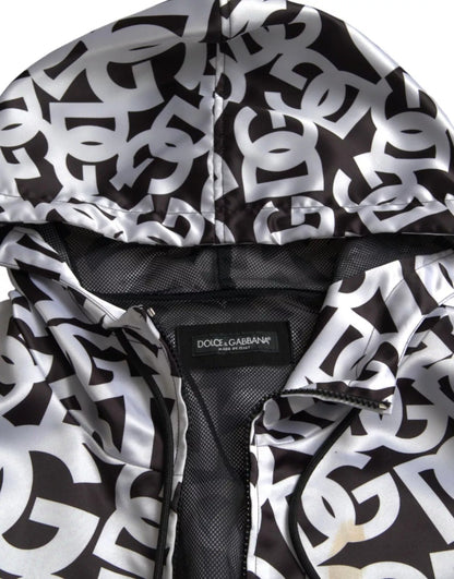Dolce & Gabbana White Black Logo Hooded Full Zip Bomber Jacket