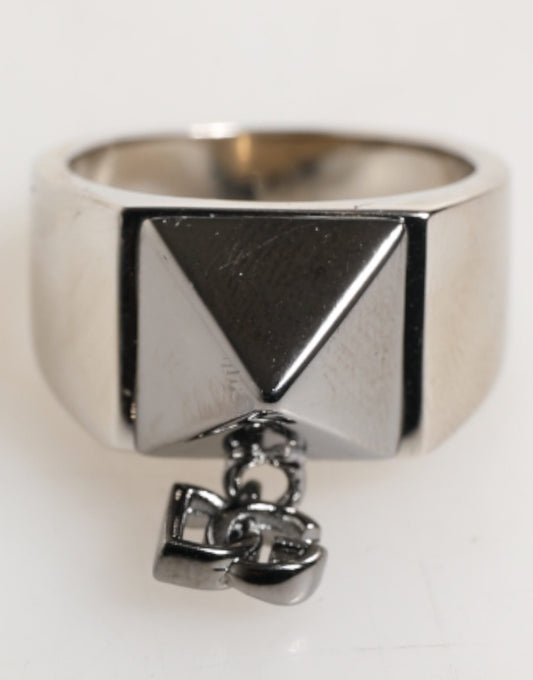 Dolce & Gabbana Silver Tone Pyramid DG Logo Real Brass Ring