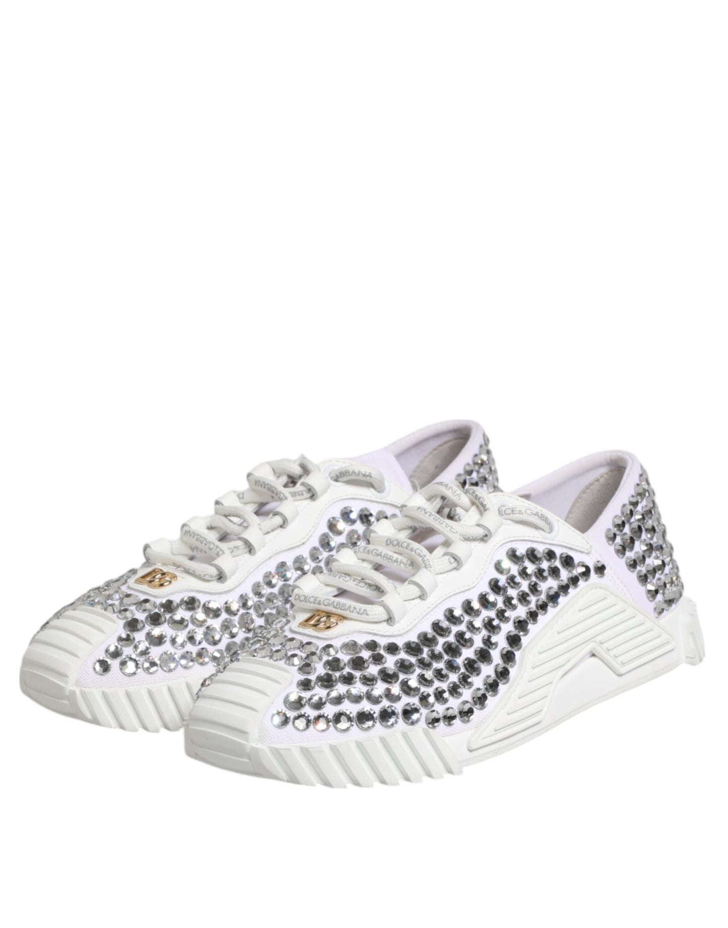 Dolce & Gabbana White NS1 Canvas Leather Embellished Sneakers Shoes