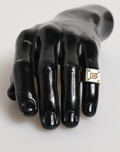 Dolce & Gabbana Gold Tone Brass Signet Square DG Logo Plaque Men Ring