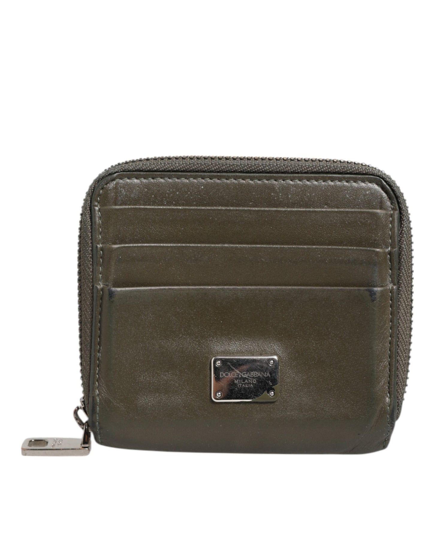 Dolce & Gabbana Military Green Leather Logo Plaque Card Holder Coin Purse Wallet