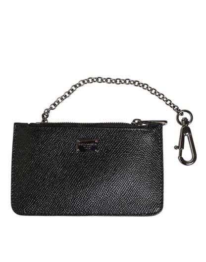 Dolce & Gabbana Black Leather Chain Link Mens Coin Purse Key Clip Holder Wallet