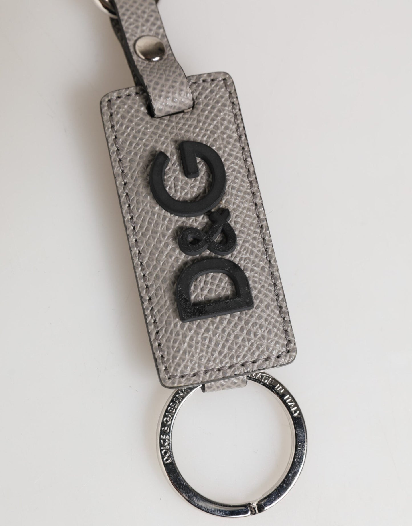 Dolce & Gabbana Gray Leather Logo Metal Ring Keychain Holder Keyring