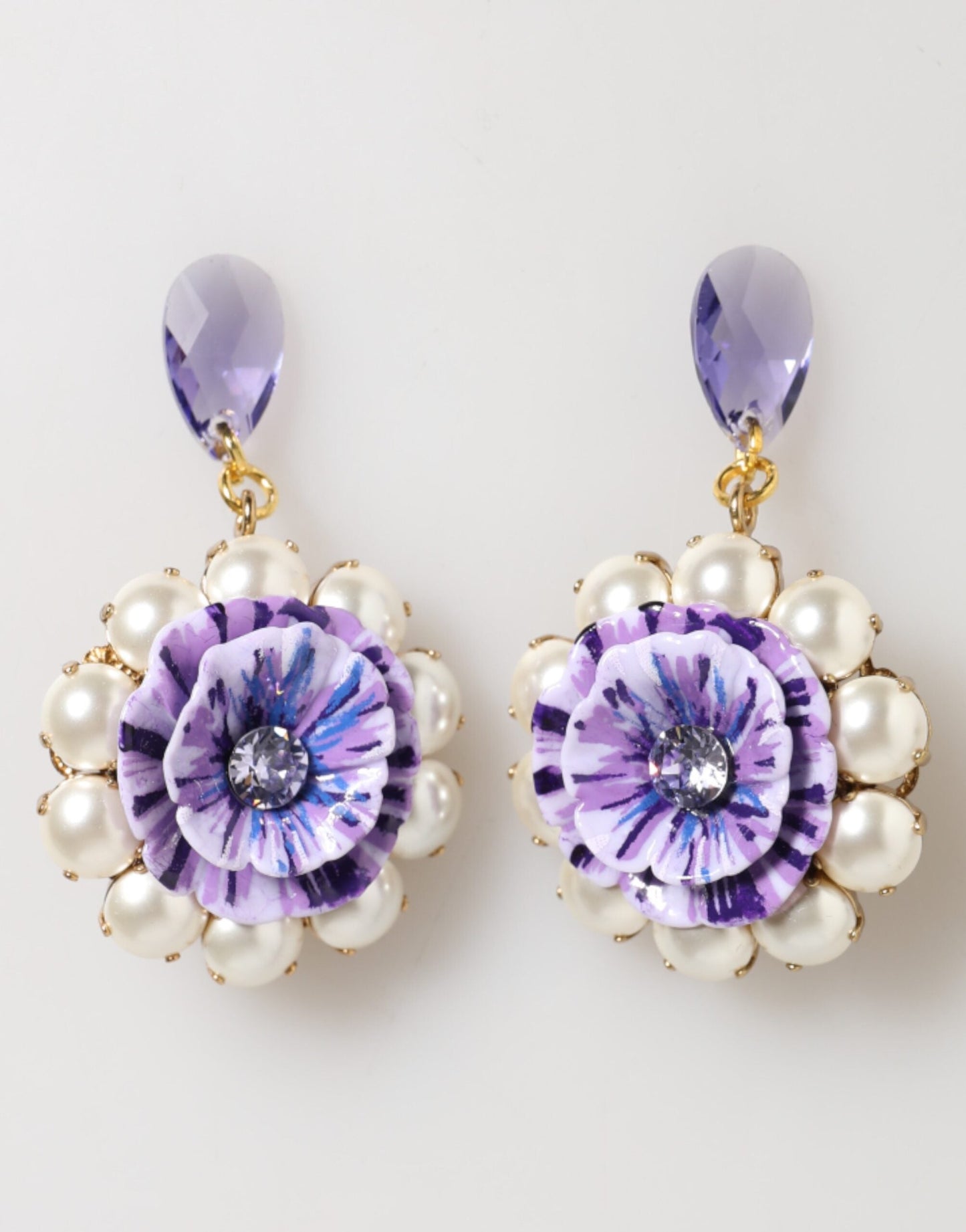 Dolce & Gabbana Purple Floral Crystal Pearl Drop Clip-On Statement Earrings