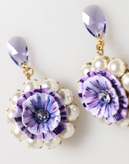 Dolce & Gabbana Purple Floral Crystal Pearl Drop Clip-On Statement Earrings