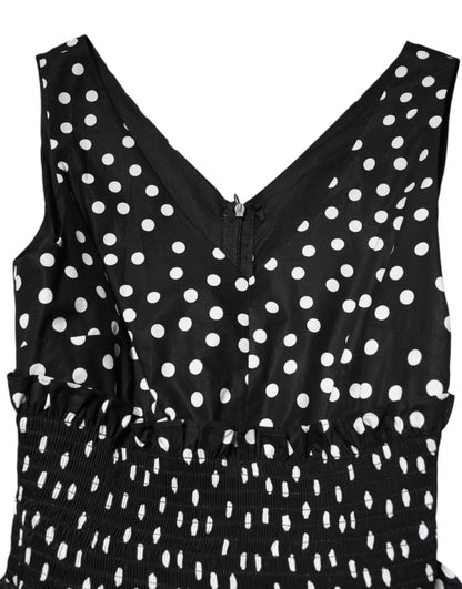 Dolce & Gabbana Black White Cotton Polka Dot Print V Neck Dress