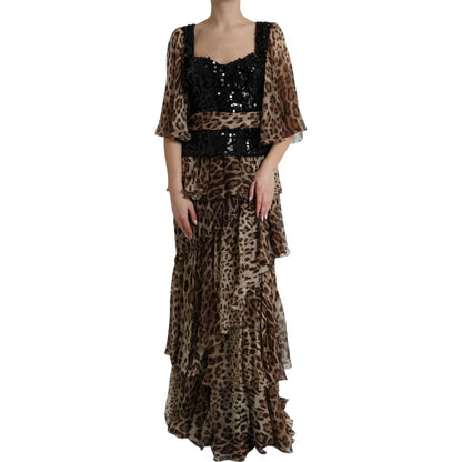 Dolce & Gabbana Leopard Print Silk Sequin Ruffle Maxi Dress