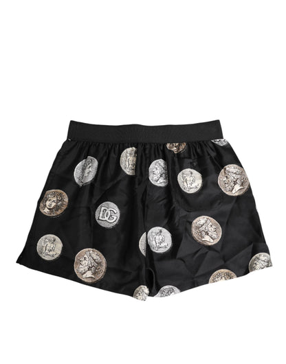 Dolce & Gabbana Black Silk Ancient Coin Print Boxer Short Swimwear