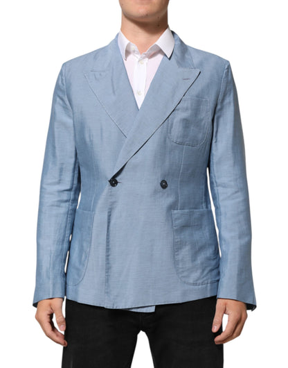 Dolce & Gabbana Light Blue Linen Double Breasted Men Jacket Blazer