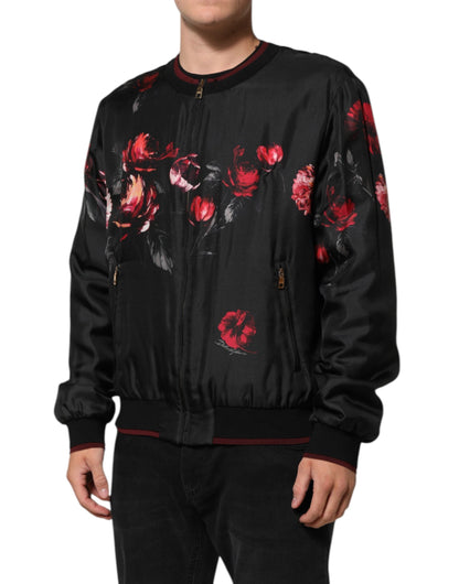 Dolce & Gabbana Black Red Floral Silk Bomber Blouson Jacket