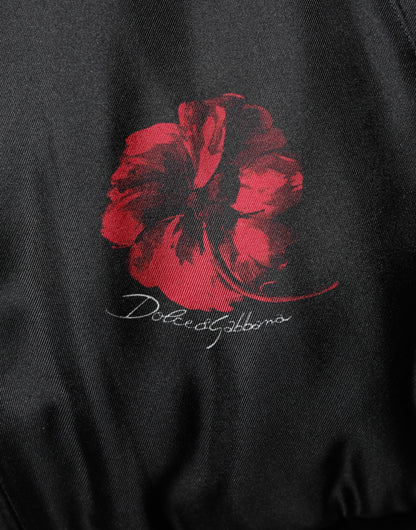 Dolce & Gabbana Black Red Floral Silk Bomber Blouson Jacket