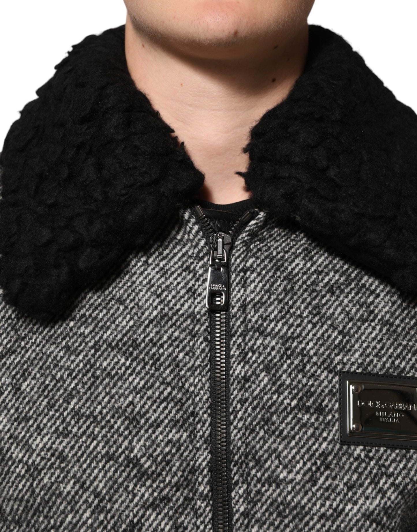 Dolce & Gabbana Gray Wool Herringbone Shearling Collar Bomber Jacket