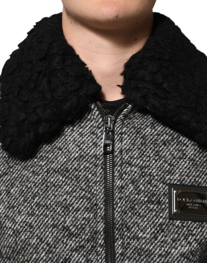 Dolce & Gabbana Gray Wool Herringbone Shearling Collar Bomber Jacket