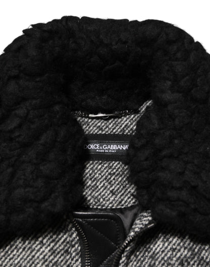 Dolce & Gabbana Gray Wool Herringbone Shearling Collar Bomber Jacket