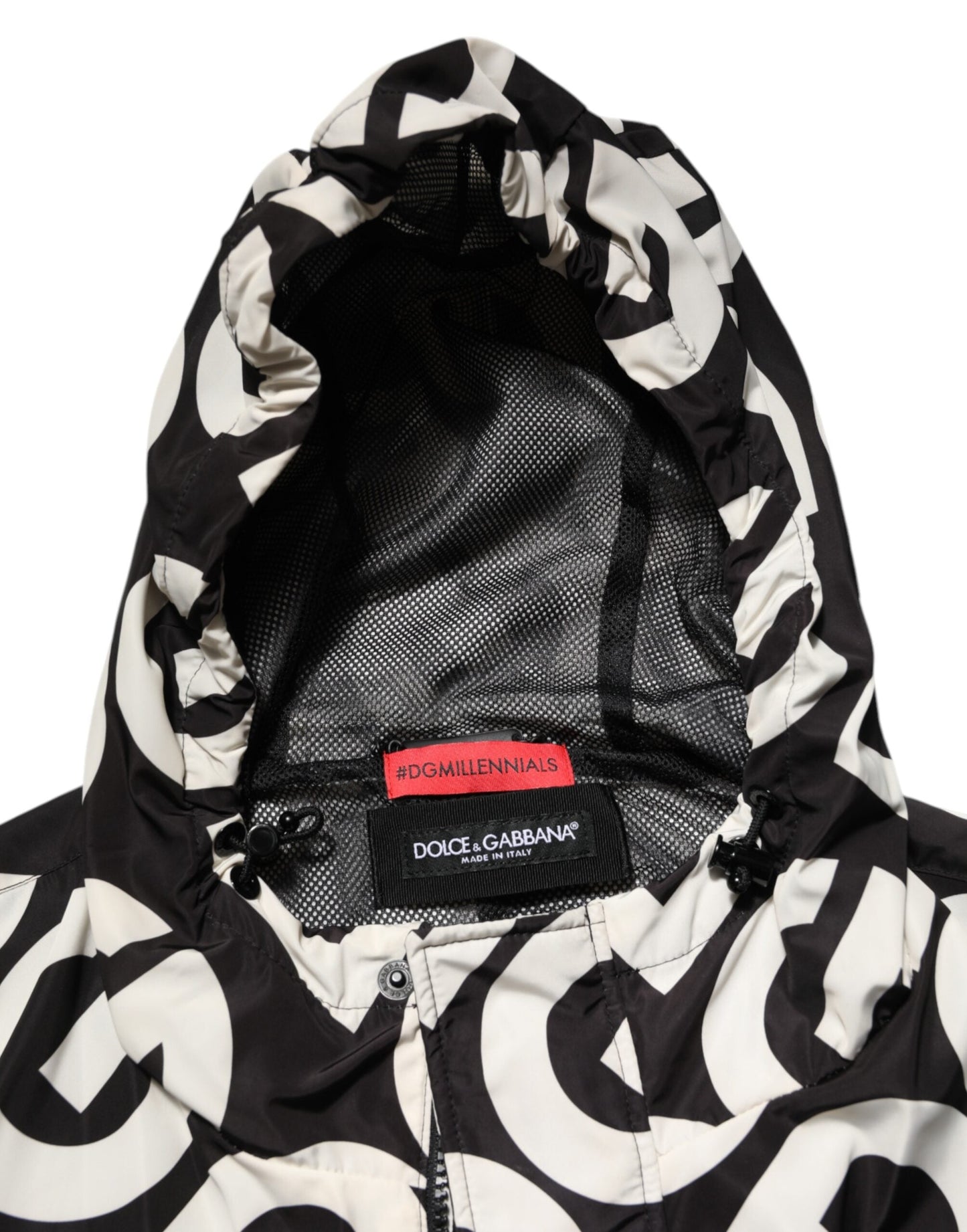 Dolce & Gabbana Black White Logo Print Hooded Coat Men Jacket