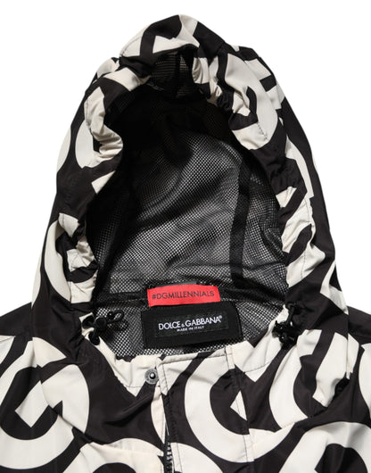 Dolce & Gabbana Black White Logo Print Hooded Coat Men Jacket