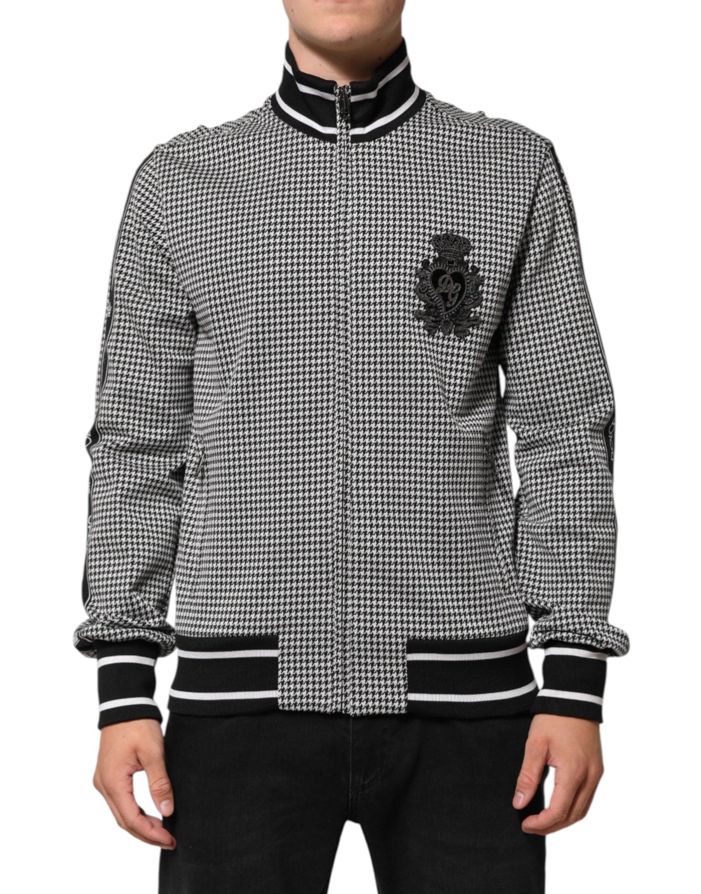 Dolce & Gabbana Black White Houndstooth Wool Crest Jacket Sweater