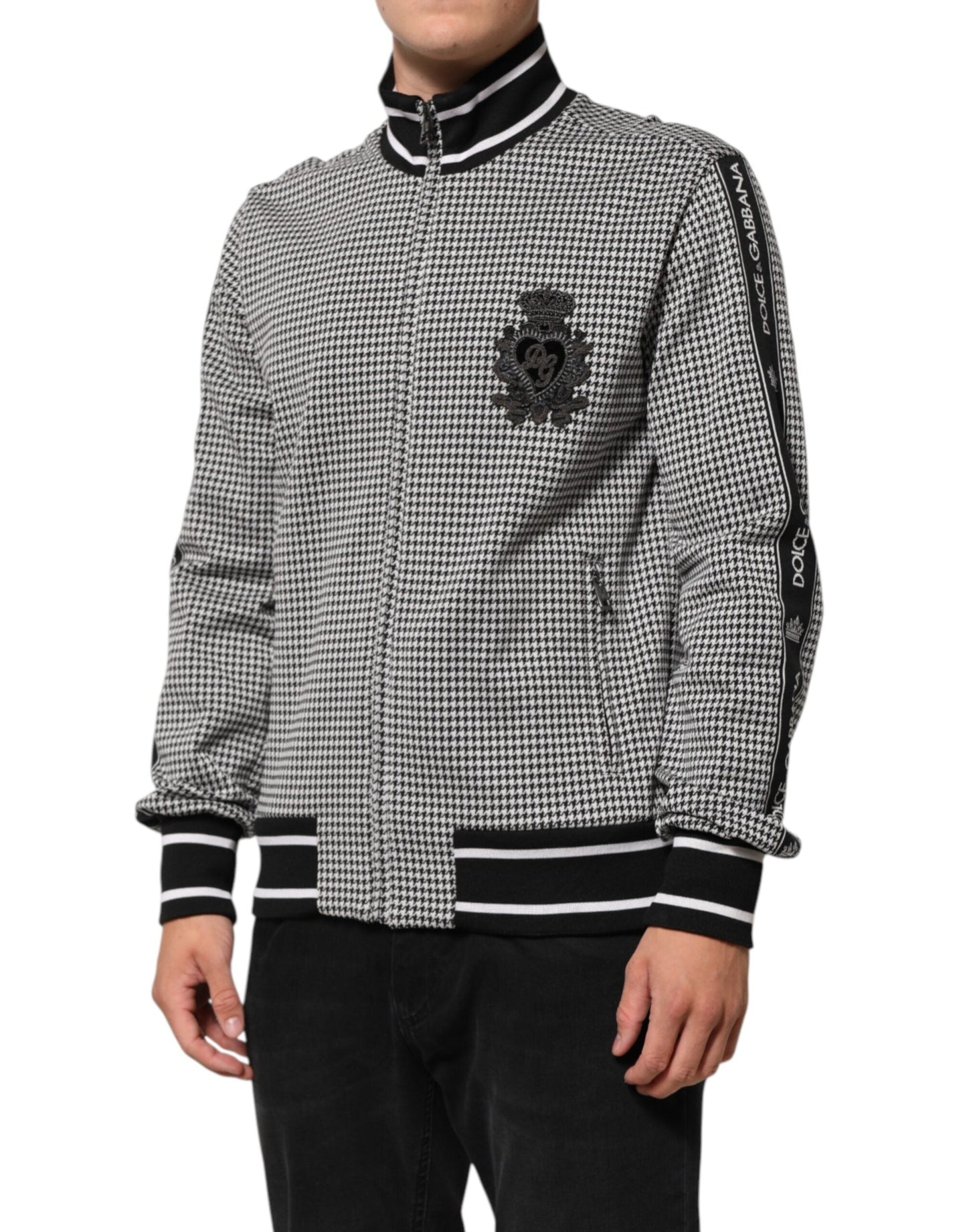 Dolce & Gabbana Black White Houndstooth Wool Crest Jacket Sweater
