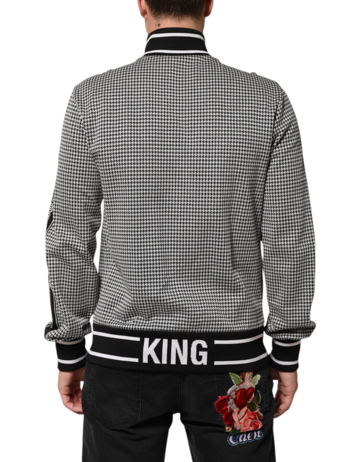 Dolce & Gabbana Black White Houndstooth Wool Crest Jacket Sweater