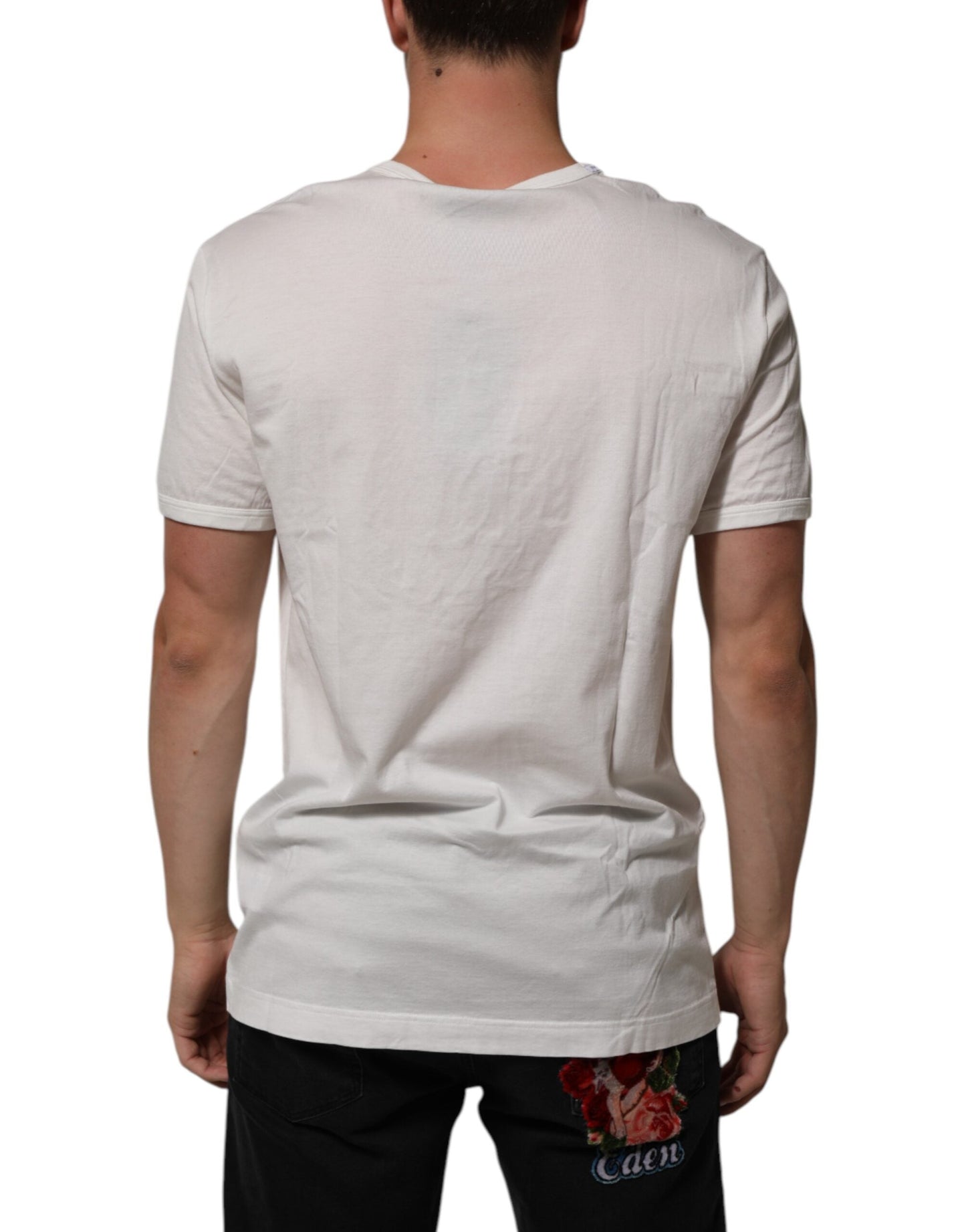 Dolce & Gabbana White Cotton DG Crown Embossed Men T-shirt