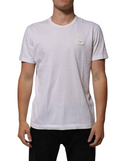Dolce & Gabbana White Cotton Logo Patch Crew Neck Men T-shirt