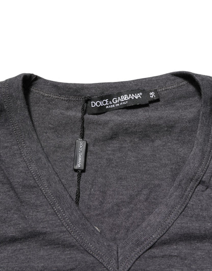 Dolce & Gabbana Grey Cotton V-Neck Logo Plaque Melange T-Shirt