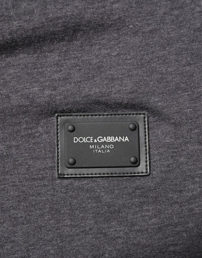 Dolce & Gabbana Grey Cotton V-Neck Logo Plaque Melange T-Shirt