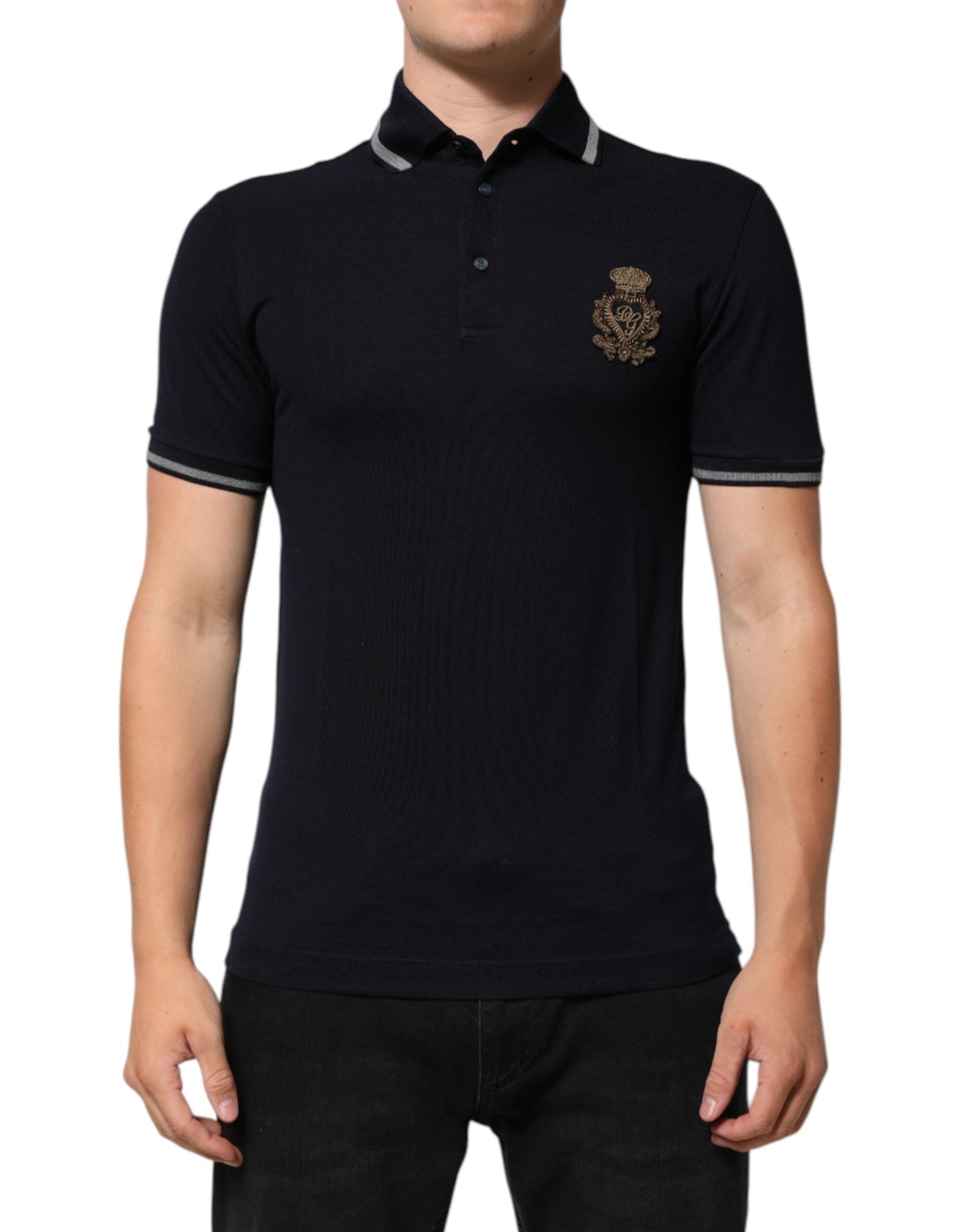 Dolce & Gabbana Navy Blue Cotton Crown Crest Logo Men T-Shirt