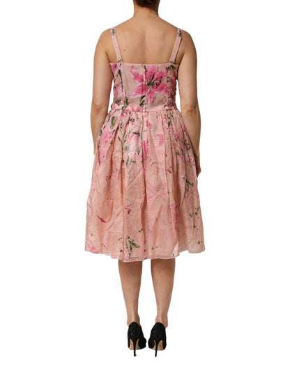 Dolce & Gabbana Pink Cotton Floral Pleated Sleeveless Dress