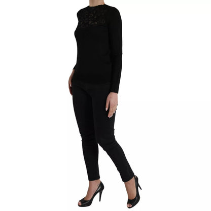 Dolce & Gabbana Black Silk Lace Trim Long Sleeves Blouse Top