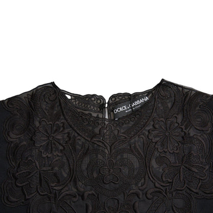 Dolce & Gabbana Black Silk Lace Trim Long Sleeves Blouse Top