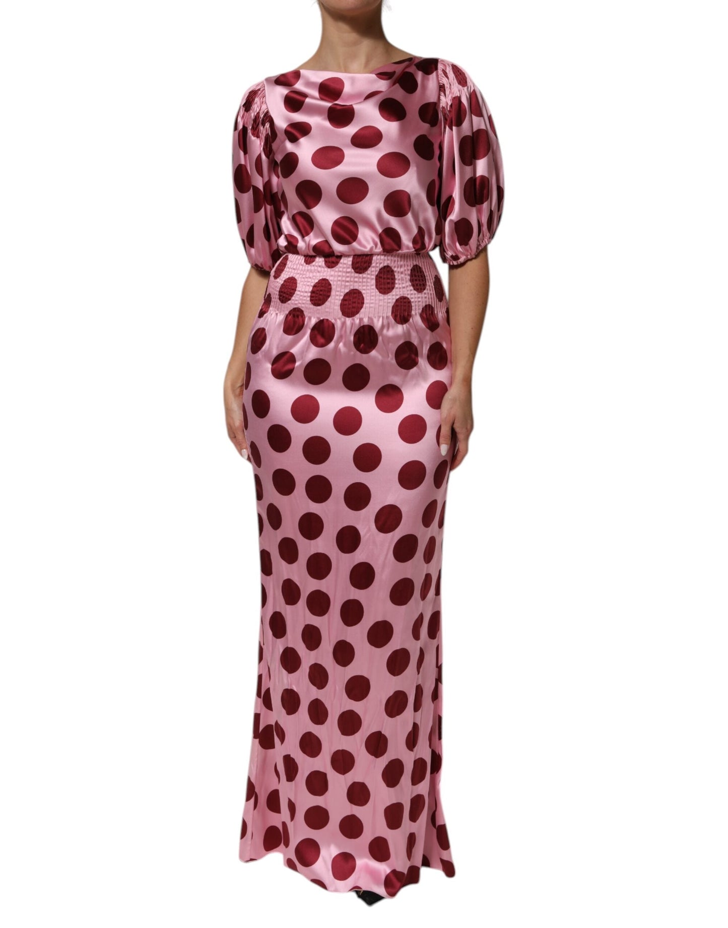 Dolce & Gabbana Pink Red Polka Dot Silk Satin Maxi Gown Dress