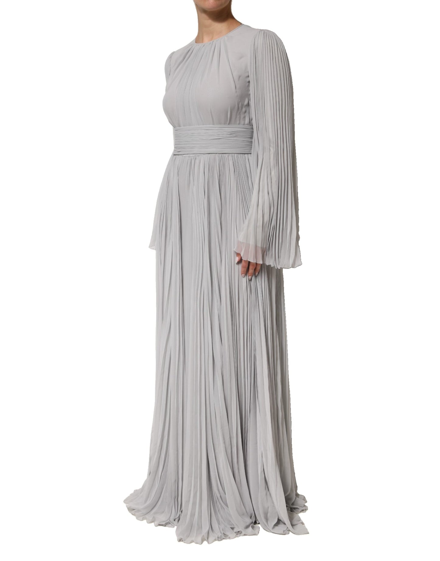 Dolce & Gabbana Grey Pleated Maxi Long Sleeve Silk Blend Gown Dress