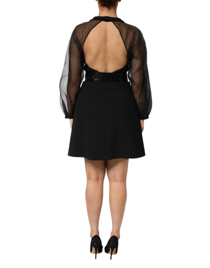 Emporio Armani Black Sheer Sleeve Belted V-Neck Mini Dress