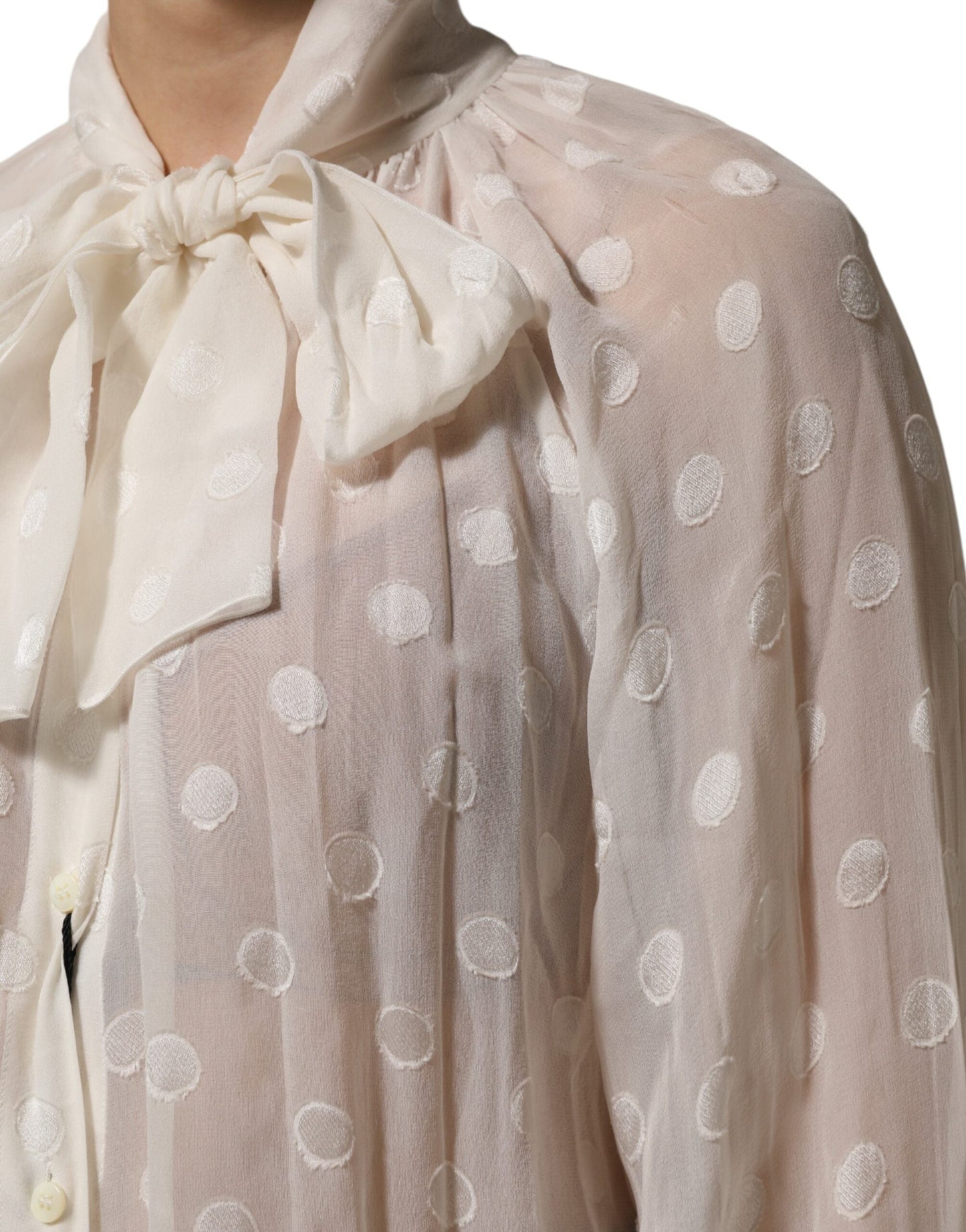 Dolce & Gabbana White Polka Sheer Silk Bow Tie Shirt Blouse Top