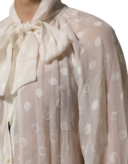 Dolce & Gabbana White Polka Sheer Silk Bow Tie Shirt Blouse Top