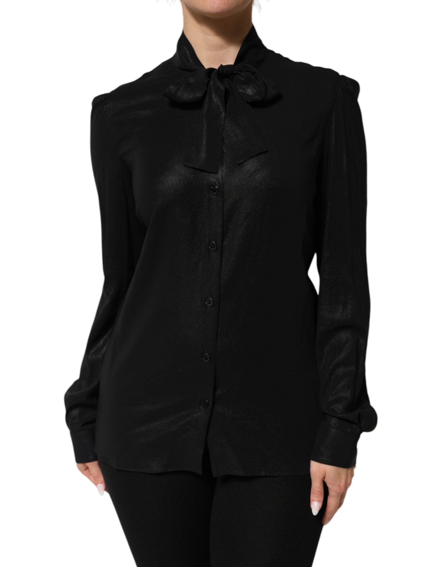 Dolce & Gabbana Black Viscose Long Sleeve Tie Neck Blouse Top