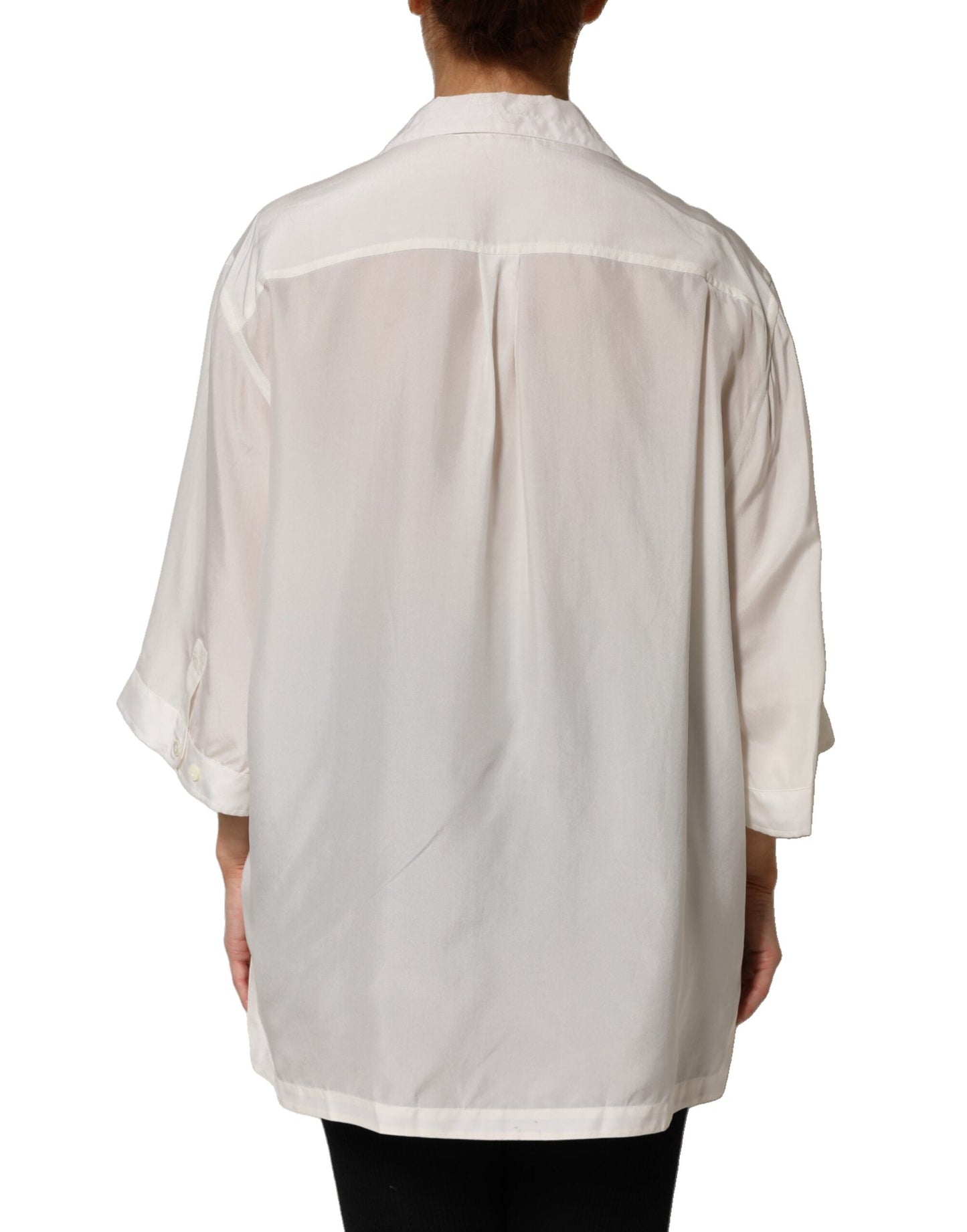 Dolce & Gabbana White Silk Collared 3/4 Sleeves Blouse Top