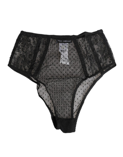 Dolce & Gabbana Black Lace Polka Dot Mesh High Waist Underwear