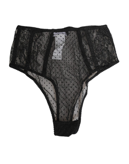 Dolce & Gabbana Black Lace Polka Dot Mesh High Waist Underwear