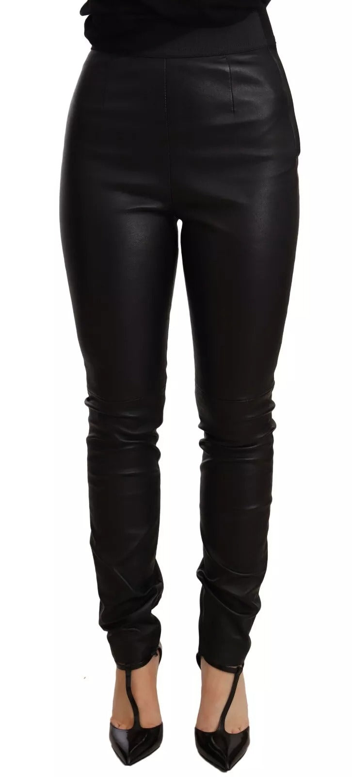 Dolce & Gabbana Black Leather Elastic Waist Trouser Pants