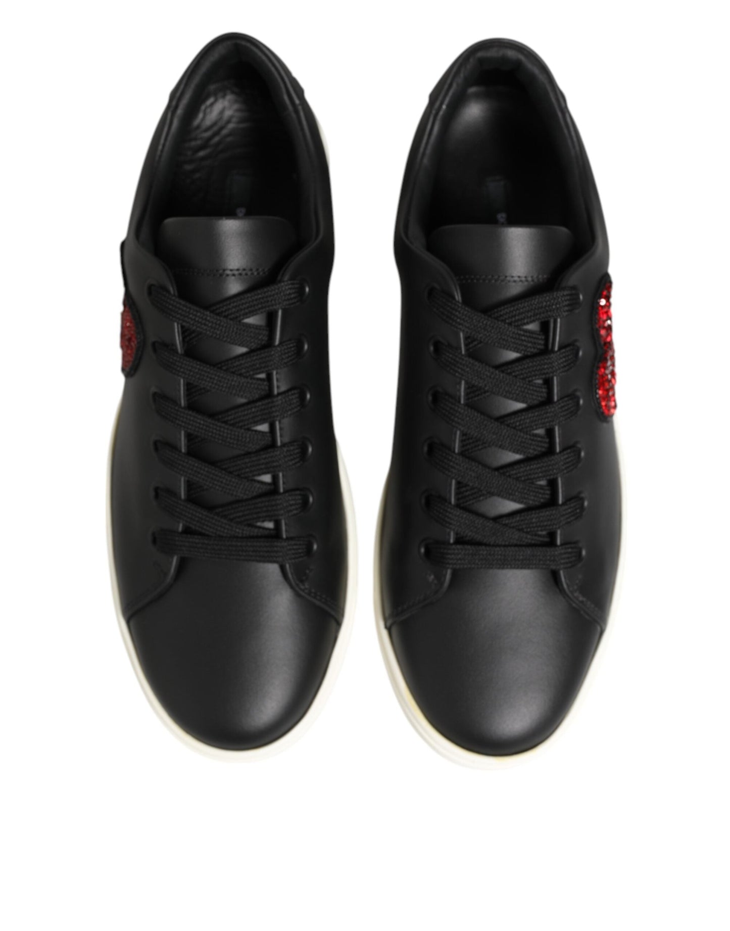 Dolce & Gabbana Black White Leather Crystal Heart Sneakers Shoes