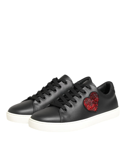 Dolce & Gabbana Black White Leather Crystal Heart Sneakers Shoes