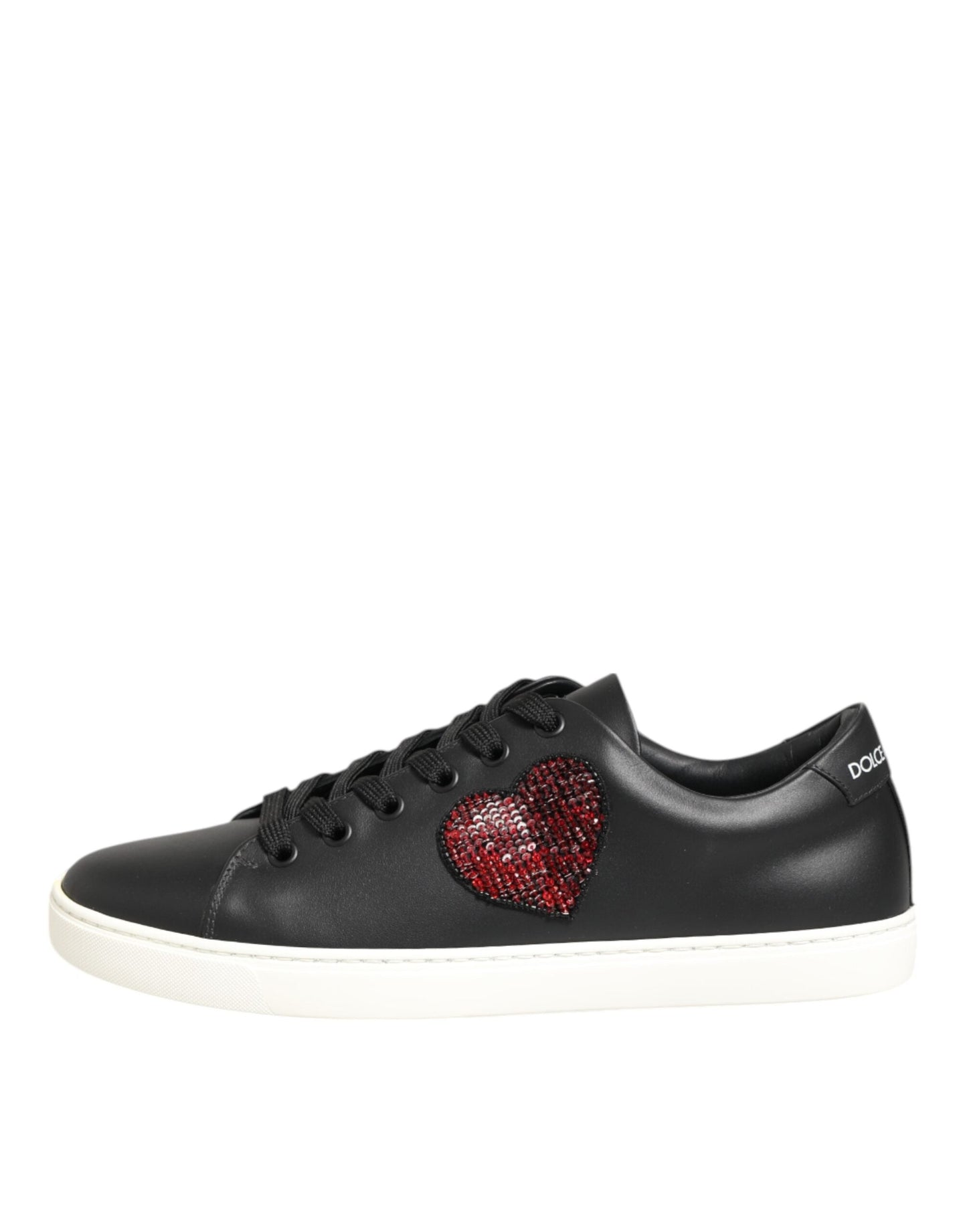 Dolce & Gabbana Black White Leather Crystal Heart Sneakers Shoes