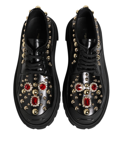 Dolce & Gabbana Black Leather Jeweled Crystals Derby Shoes