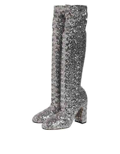 Dolce & Gabbana Shoes Silver Sequins Glitter High Heel Boot Shoes