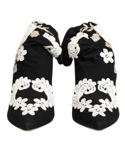 Dolce & Gabbana Black White Embroidered Jersey Stiletto Boots Shoes